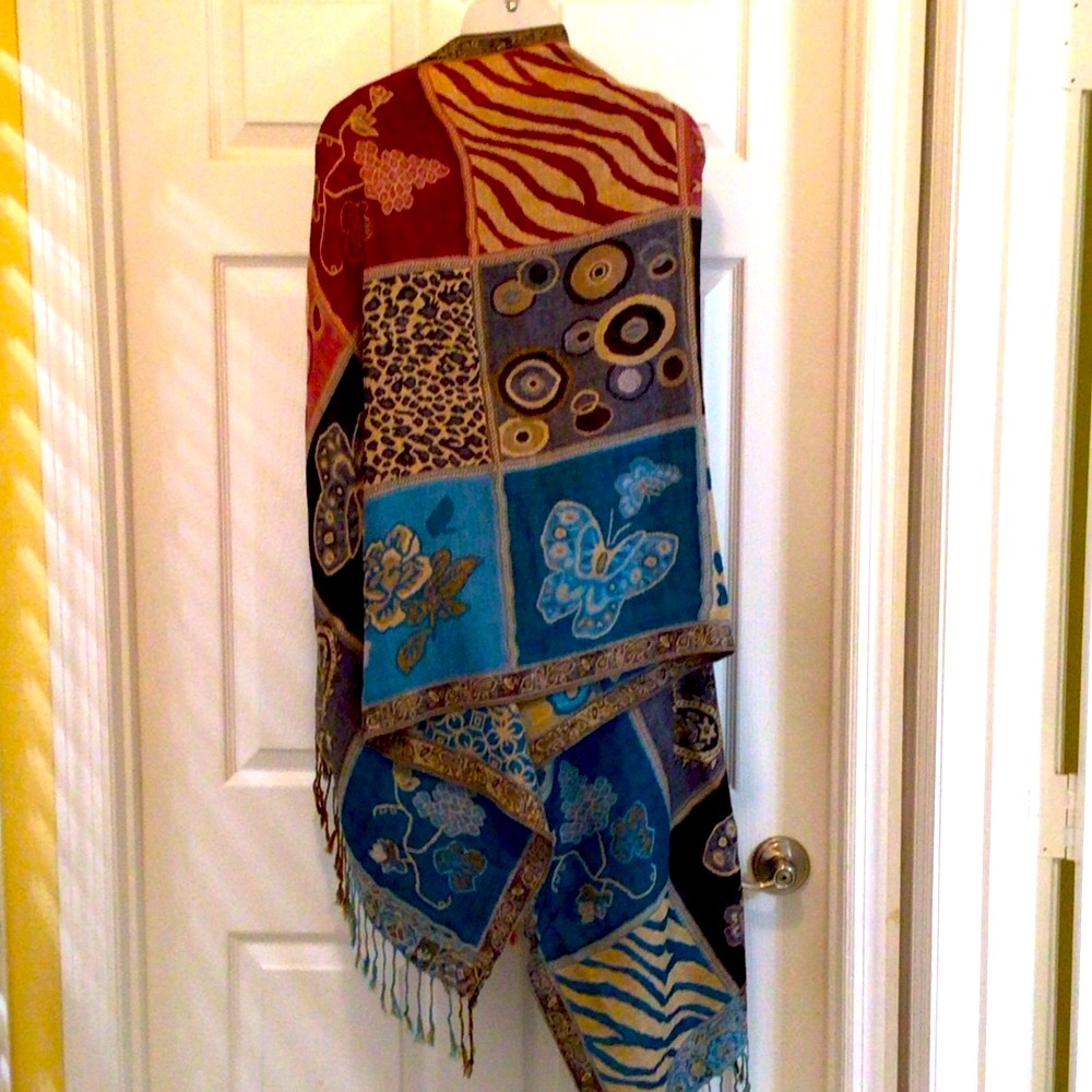 High quality Pashmina bright large wrap scarf.  Has butterflies, hearts, grapes
